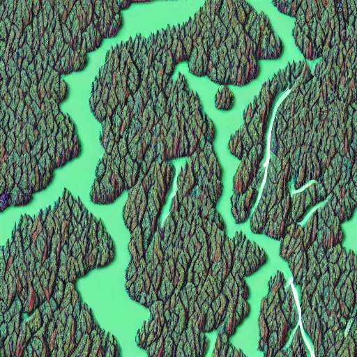 Prompt: a view of a forest on a topographical map painted in the style of michael menzel