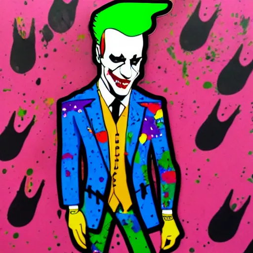 Image similar to die cut sticker, saul goodman wearing the joker suit, splatter paint