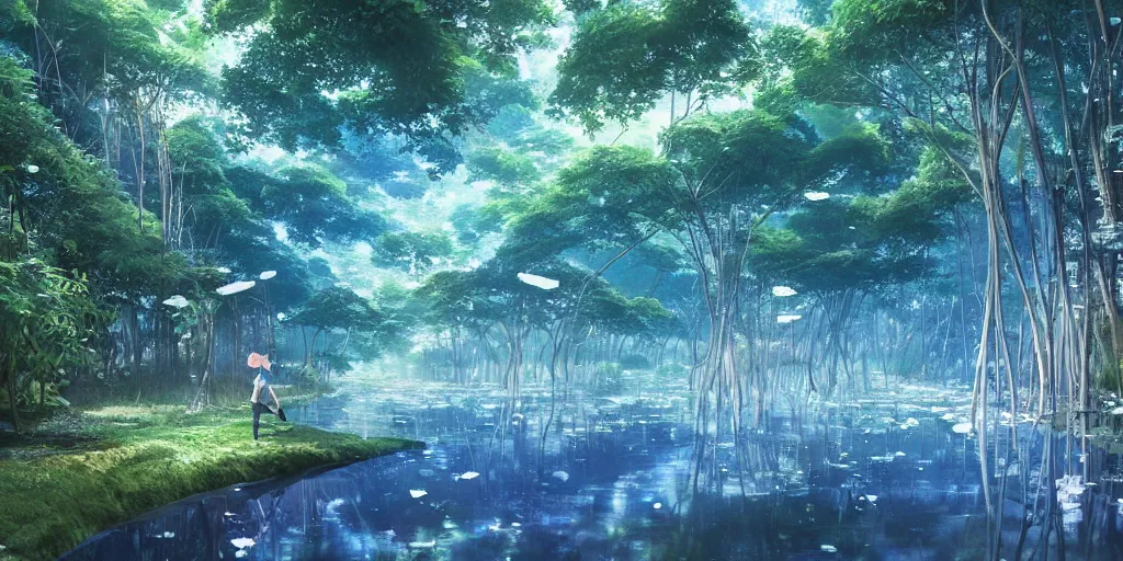 Image similar to jelly fungus spreading over river inside forest, art by makoto shinkai and alan bean, yukito kishiro