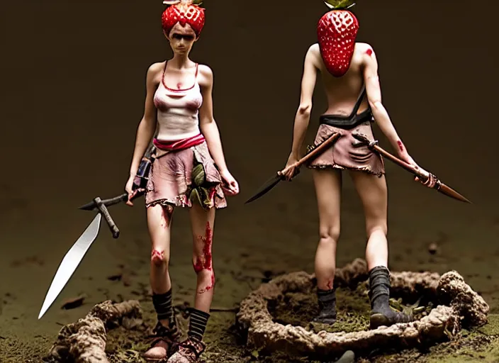 Prompt: a dramatic femo figurine of a cute funny spear wielding strawberry fairy survivalist with bandages wearing a dirty floral torn dress featured on left 4 dead by studio ghibly and gamesworkshop, carrying survival gear, wearing strawberry backpack, using a modelling knife as a spear, dark foreboding atmosphere, 🎀 🗡 🍓 🧚