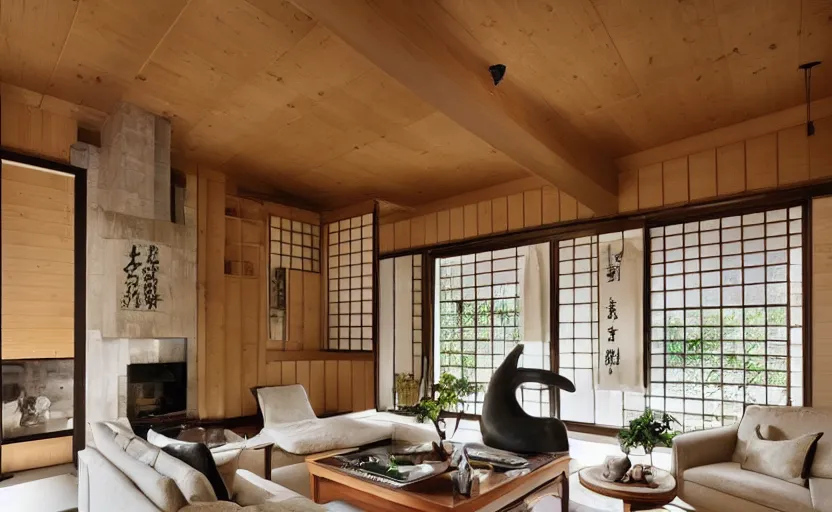 Prompt: luxurious wooden cottage by rockwell group, modern japanese living room, japanese wabi - sabi arrangements, coherent composition, architectural photography