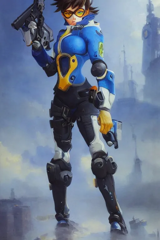 Prompt: oil painting of tracer overwatch in a dystopian city wearing blue uniform, in style of ivan aivazovsky, expressive face, detailed face, detailed eyes, full body, feminine face, tracer overwatch,