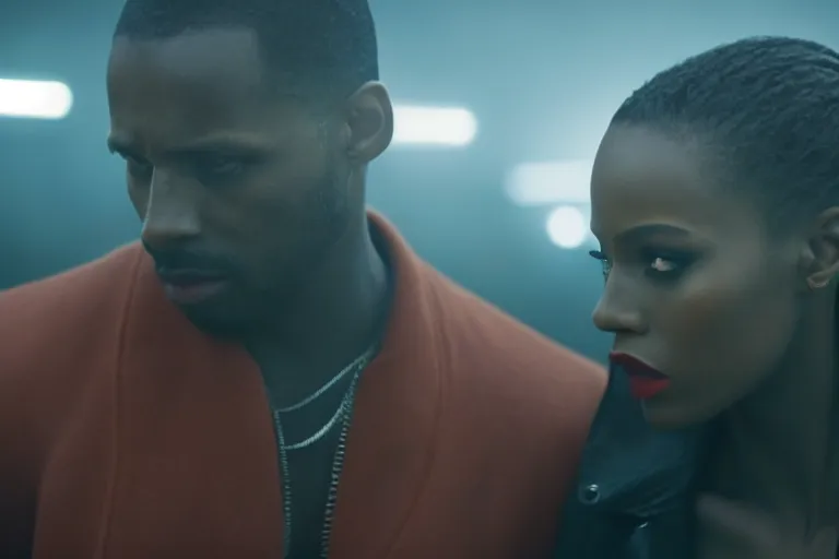 Image similar to film still of closeup beautiful jamaican models couple closeup in blade runner 2 0 4 9, cinematic, moody, gritty neon noir by emmanuel lubezki