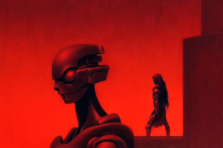 Image similar to only with red, a red cyborg samurai, tokio futuristic in background, some evil yokai, in the style of beksinski, parts by edward hopper, parts by rodcenko, parts by yue minjun, intricate and epic composition, red by caravaggio, insanely quality, highly detailed, masterpiece, red light, artstation, 4 k