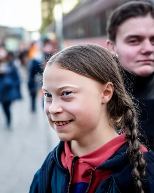 Image similar to film still close - up shot of greta thunberg with face piercings giving a speech in a crowded train station eating pizza, smiling, the sun is shining. photographic, photography