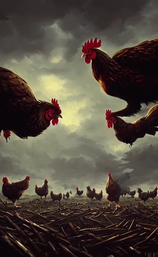 Image similar to chicken apocalypse, wide angle shot by greg rutkowski