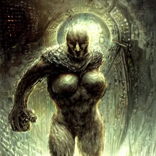 Prompt: Golem with a 12 sided dice as head. Dark Fantasy, concept art, art by Luis Royo