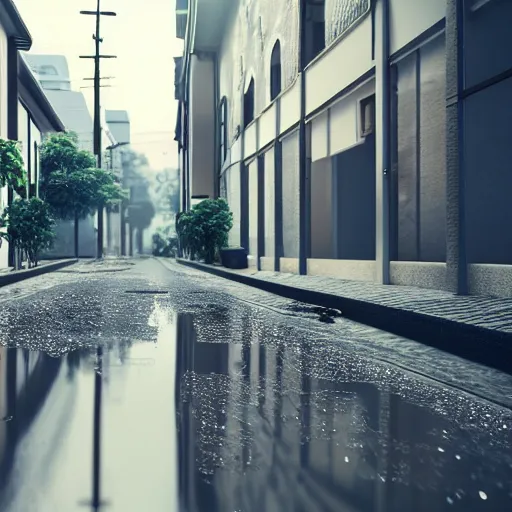 Image similar to still photo of rain puddles and reflections in a japanese street, cloudy weather, highly detailed, photorealistic shot, bright studio setting, studio lighting, crisp quality and light reflections, unreal engine 5 quality render