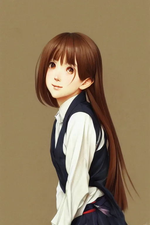 Prompt: realistic character portrait of Minami Hamabe in Japanese school uniform, hair cut in a bob, highly detailed, digital painting, artstation, upper body, concept art, smooth, sharp focus, illustration, art by artgerm and greg rutkowski and alphonse mucha