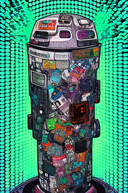 Prompt: full view, from a distance, of anthropomorphic trashcan from the novel neuromancer by william gibson, style of yoshii chie and hikari shimoda and martine johanna, highly detailed