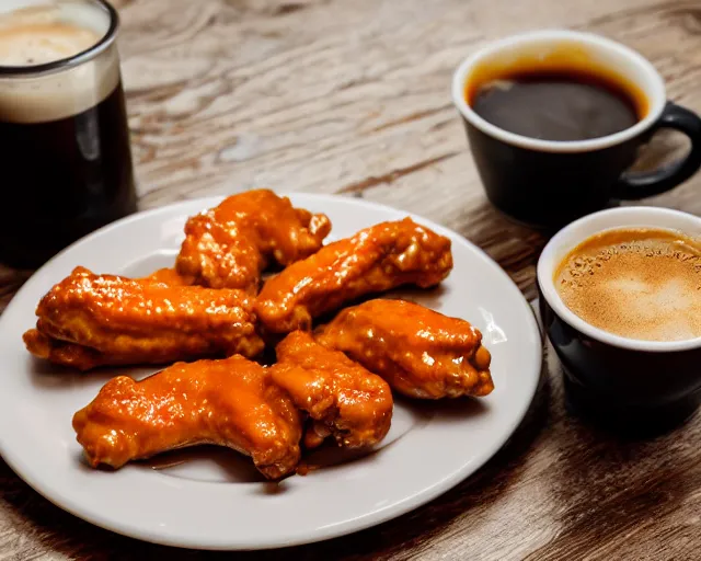 Image similar to hot wings covered in cheese next to a cup of coffee , Cinematic shot, 8k resolution