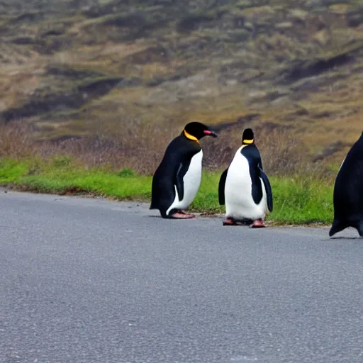 Image similar to penguins in sombreros walking across the road