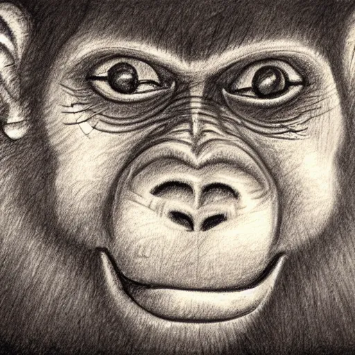 Image similar to happy monkey smiling giving a thumbs up, pencil drawing, dramatic lighting