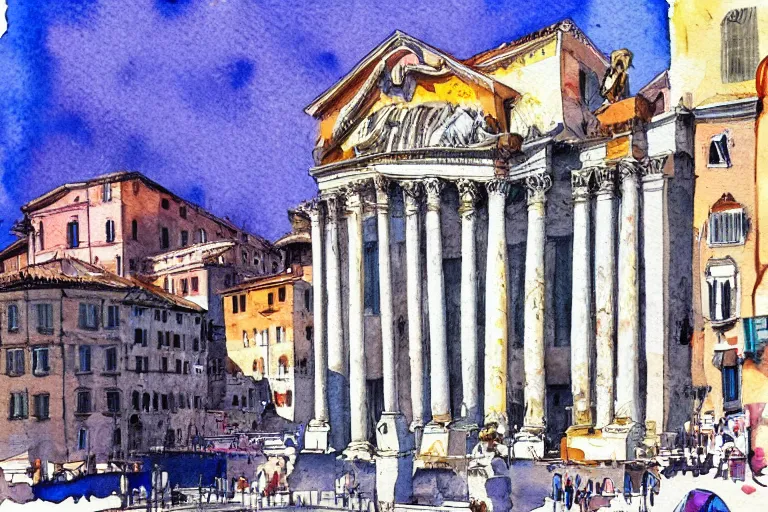 Prompt: !! watercolor!! rome in a sunny day, artwork by tooth wu, colorful high contrast,!! very coherent!!, dark shadow, thick lineart