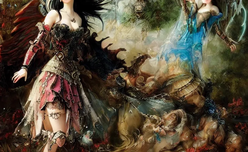 Prompt: gothic princess girl in dragon armor, victorian dress, misa amane, battle angel alita. by rembrandt 1 6 6 7, illustration, by konstantin razumov, frostine engine, vibrant colors, fractal flame