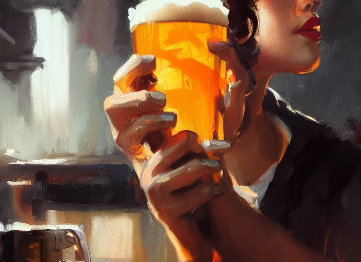 Prompt: greg manchess close - up painting of a delicious mug of beer in a dieselpunk bar, organic painting, matte painting, bold shapes, hard edges, street art, trending on artstation, by huang guangjian and gil elvgren and sachin teng