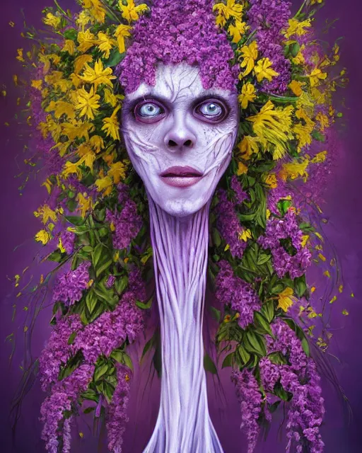 Prompt: Haunting horrifying detailed painting of a tall skinny extraterrestrial flower monster made of lilacs, roses, lilies and daffodils, light leak, spectrum, and bloodshot eyeballs, hyper detailed, trending on Artstation