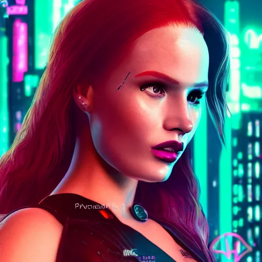 Image similar to madelaine petsch portrait, cyberpunk 2 0 7 7, cyberpunk judy alvarez, photorealistic, ultra detailed, neon, octane, bokeh, cinematic lighting, cyber, cyberpunk city, studio quality, feature, scars, cyberface, 8 k