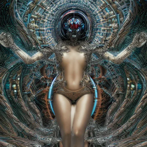 Image similar to cybernetic deity dreaming itself into reality with its networked mind, lsd, intricate detail, royo, whealan, giger, klimt, hd, octane render, unreal engine,