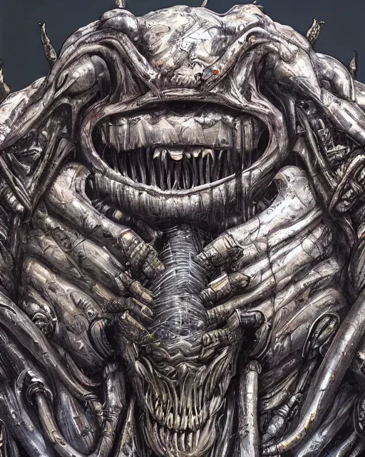 Image similar to Haunting horrifying detailed painting of a huge muscular hulking extraterrestrial metallic monster made of steel plating, hyperrealistic human eyes, hyper detailed, trending on Artstation