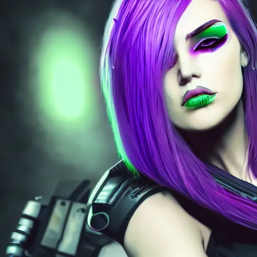 Prompt: cyberpunk girl with purple and green hair, headshot, tending on artstation, 8k
