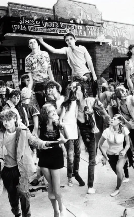 Image similar to patients partying outside the dance club during a war, teenage movie