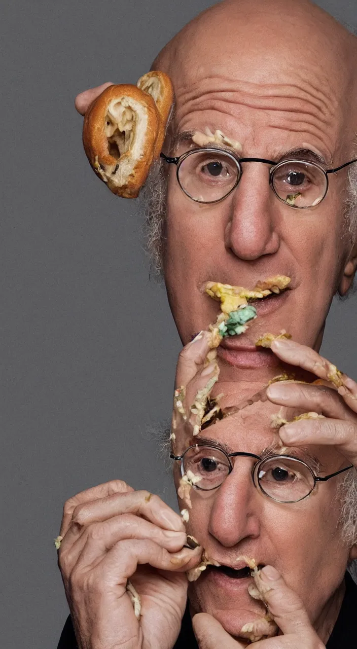 Prompt: larry david eating a bagel. style of a basquiat painting. hyper - realistic, 8 k, hd