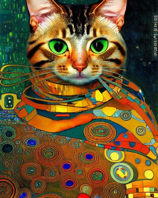 Image similar to robotic cat portrait an oil painting splashes with many colors and shapes by gustav klimt greg rutkowski and alphonse mucha, polycount, generative art, psychedelic, fractalism, glitch art