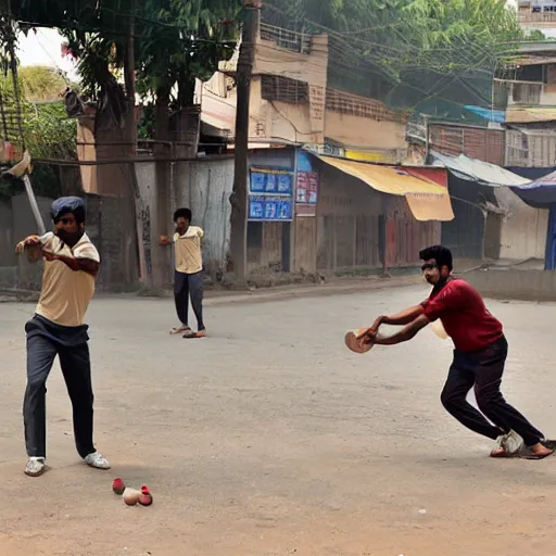 Image similar to four tamil friends playing a game of cricket, on an indian street, award winning picture, national geographic, photo realistic