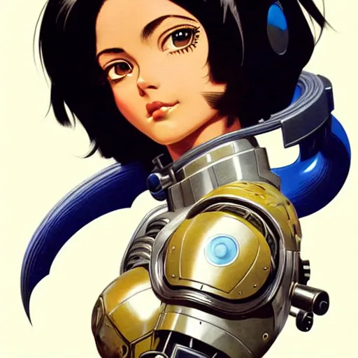 Prompt: head and shoulders portrait of battle angel alita, Apex Legends illustration, medium shot, intricate, elegant, highly detailed, digital art, ffffound, art by gil elvgren and greg manchess and sachin teng