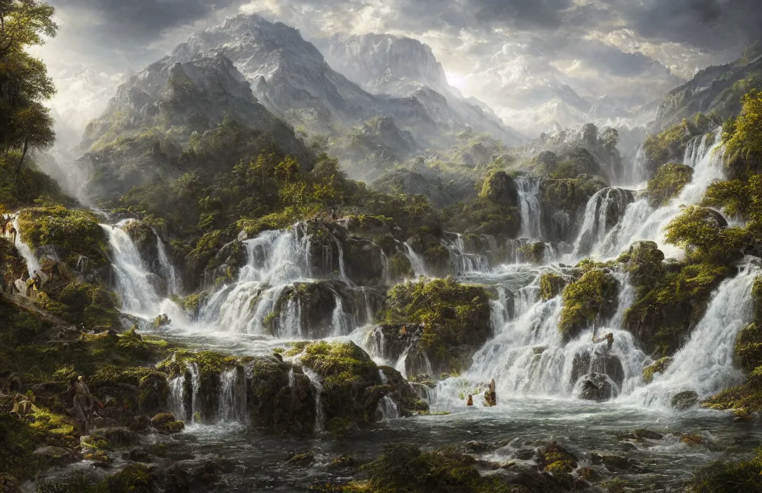 Prompt: a highly detailed textured waterfall within a swiss landscape, detailed, hyperreal phantastic, intricate details in environment, golden ratio, high aestehtic, cinematic light dramatic light, lightrays, distance, photobash, wideangle, terrence malick, hyperreal 4 k
