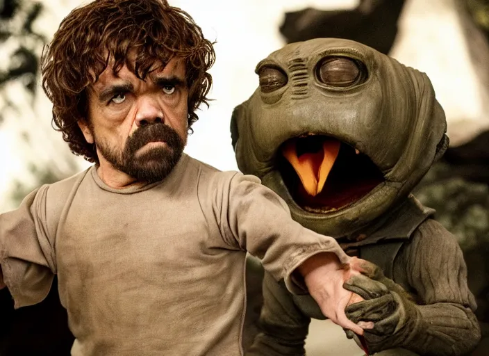 Prompt: peter dinklage knife fighting e. t. the extra - terrestrial, movie still, from the new toys r us movie, 8 k, realistic