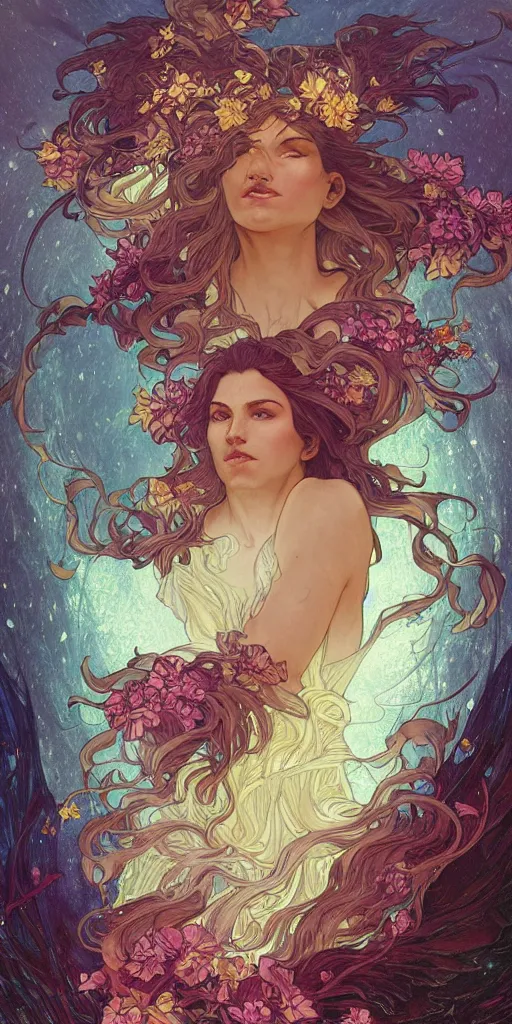 Image similar to Portrait of phoenix surrounded by spirit waves while rising from a chasm with flowers blossoming, fantasy, intricate, elegant, highly detailed, digital painting, artstation, concept art, smooth, sharp focus, illustration, art by Fernanda Suarez and Artem Demura and alphonse mucha