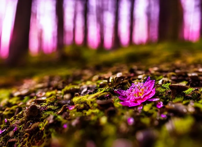 Image similar to a fantasy forest on an alien planet with delicate flowers and mushrooms that glow in the dusk, macro close up, bokeh,