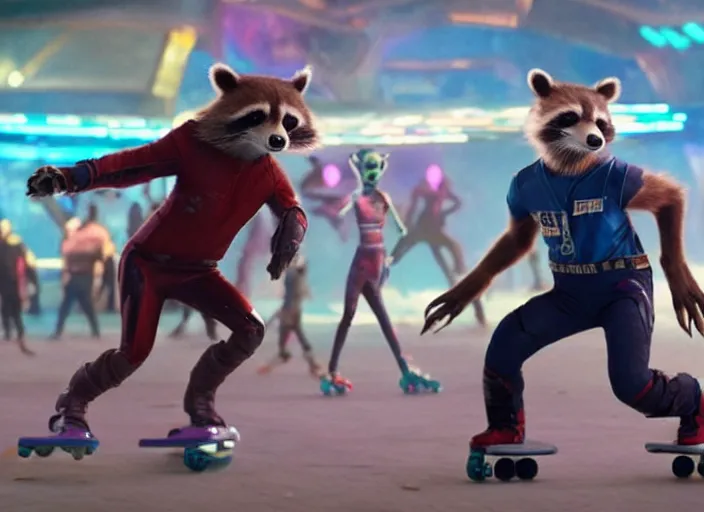 Image similar to film still of Rocket Racoon roller skating at a roller rink in the new Guardians of the Galaxy movie, 4k