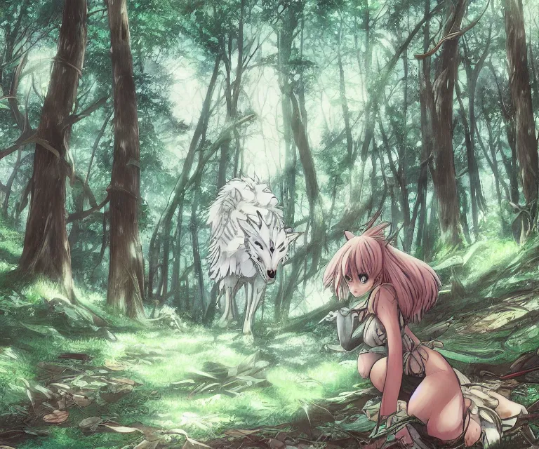 Prompt: wolf in a forest, anime fantasy illustration by tomoyuki yamasaki, kyoto studio, madhouse, ufotable, comixwave films, trending on artstation