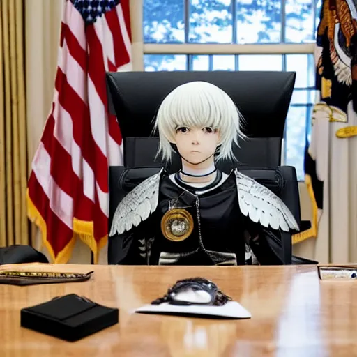 Prompt: a person cosplaying griffith from berserk manga by kentaro miura sitting at oval office desk with american flag