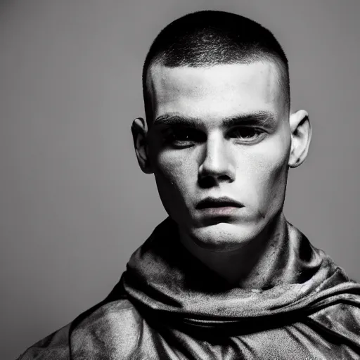 Prompt: a closeup photo of a male model with modern medieval haircut by boris bidjan saberi, 4 k, studio lighting, wide angle lens