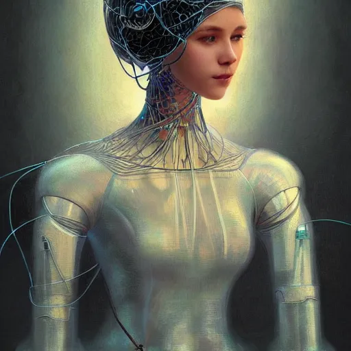 Image similar to portrait of a humanoid robot wearing a veil, mystic, mystical, robot body, wires, robotic, intricate, headshot, highly detailed, digital painting, artstation, concept art, sharp focus, cinematic lighting, digital painting, art by artgerm and greg rutkowski, alphonse mucha, cgsociety