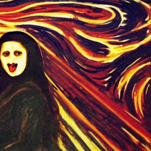 Image similar to the mona lisa screaming with hair on fire by edvard munch