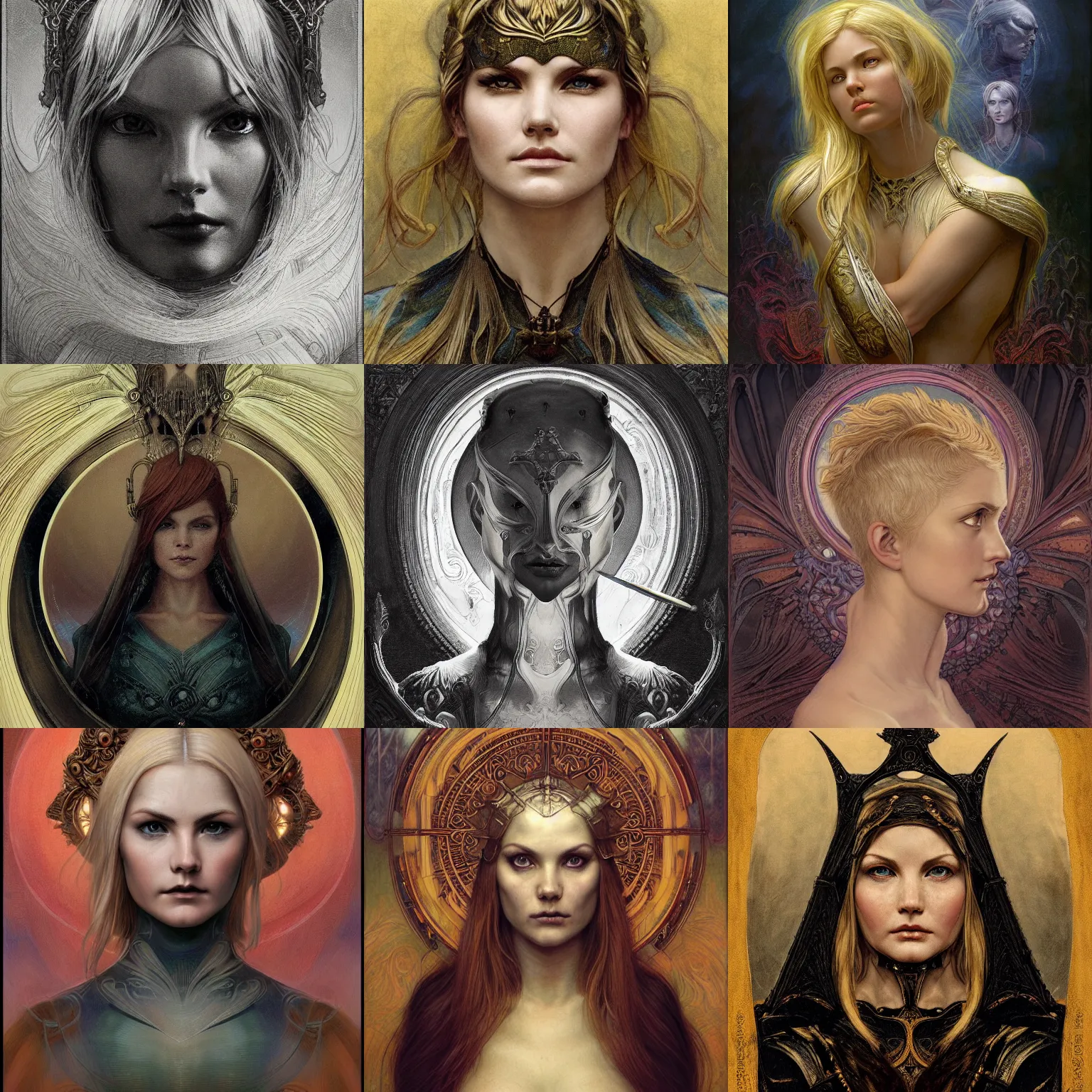 Prompt: masterpiece head-on symmetrical centered portrait, Elisha Cuthbert as a paladin, blonde hair, art nouveau, gothic, victorian, elegant, distant, in the style of Edgar Maxence and Ross Tran and Zdzisław Beksiński and Michael Whelan and Gustave Doré and Ian Miller and H.R. Giger, specular highlights, 8k, octane render