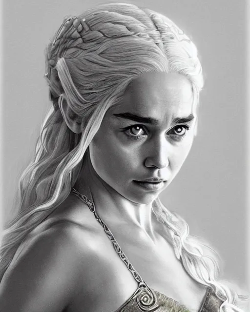 Prompt: pencil drawing of beautiful daenerys targaryen as greek goddess aphrodite with arrowhead jewelry, beautiful piercing eyes, beautiful blonde hair flying in the wind, hyper realistic face, in the style of greg rutkowski, fantasy, amazing detail, epic, elegant, smooth, sharp focus, from the front