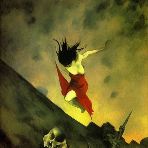 Prompt: aesthetically pleasing image of the whitewinged angel of death wearing a crimson and black robe descending on the lonesome faceless phantoms in their graves jamie wyeth paul cezanne arthur rackham edward hopper oil painting