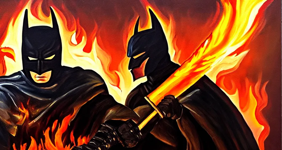 Image similar to An oil painting of a dark knight wielding a flaming sword