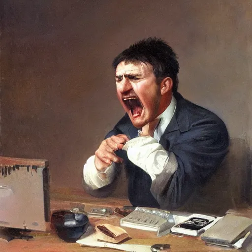 Image similar to an angry man yells at his computer monitor, oil on canvas, 1 8 8 3, highly detailed