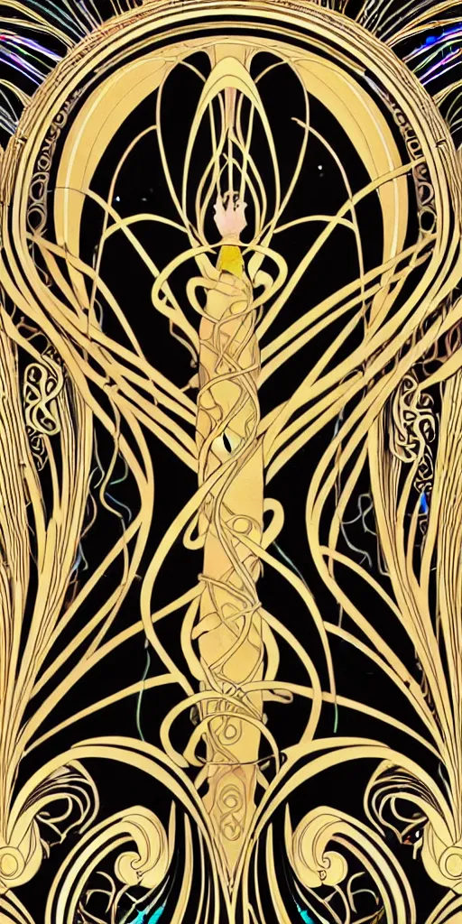 Image similar to the source of future growth dramatic, elaborate emotive Art nouveau styles to emphasise beauty as a transcendental, seamless pattern, symmetrical, large motifs, sistine chapel ceiling, 8k image, supersharp, spirals and swirls in Art Nouveau style, iridescent black and rainbow colors with gold accents, perfect symmetry, High Definition, sci-fi, Octane render in Maya and Houdini, light, shadows, reflections, photorealistic, masterpiece, smooth gradients, high contrast, 3D, no blur, sharp focus, photorealistic, insanely detailed and intricate, cinematic lighting, Octane render, epic scene, 8K