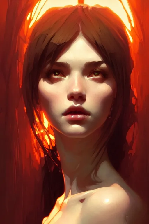 Image similar to a very beautiful savage girl, dungeon, light from above, fantasy, portrait, sharp focus, intricate, elegant, digital painting, artstation, matte, highly detailed, concept art, illustration, ambient lighting, art by ilya kuvshinov, artgerm, alphonse mucha, and greg rutkowski