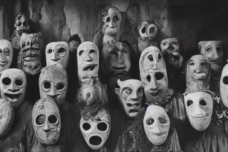 Image similar to vintage photo of villagers wearing weird masks, eerie, bizarre, highly detailed shot, dramatic 8 k uhd