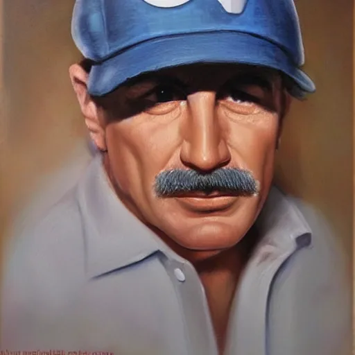 Image similar to An ultra realistic portrait painting of Mario wearing his cap in the style of Frank Frazetta, 4k, Ultrarealistic, Highly Detailed, Dark Fantasy, Epic Lighting