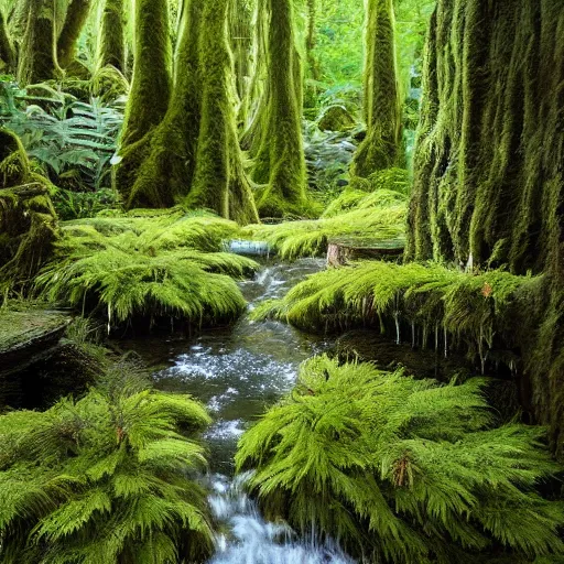 Prompt: 3 0 round pools of water in a forest, the wood between the worlds, narnia, lush green forest, moss and ferns, ferns,